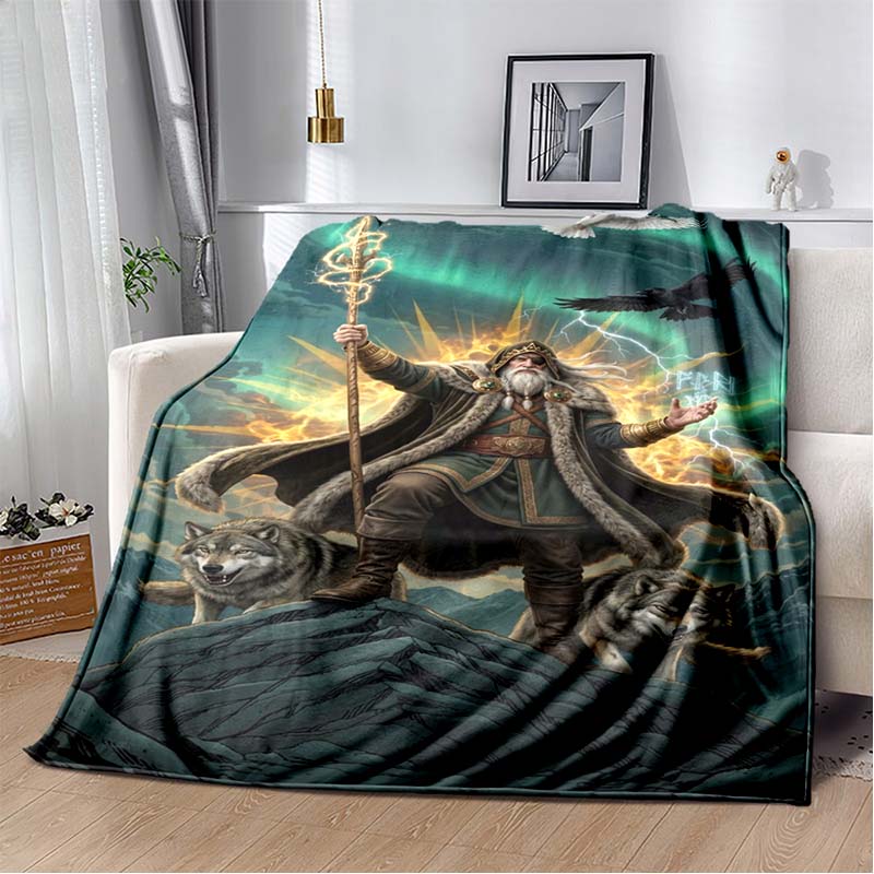 Odin Norse God Fleece Blanket, Viking Odin on Yggdrasil Throne with Wolves and Ravens Print Throw Blanket, Soft Blanket for Sofa Bedroom Decor