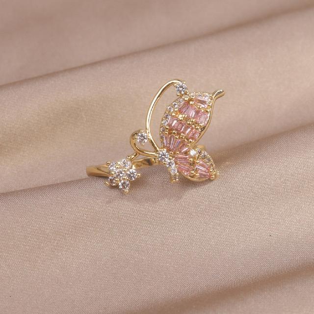 

Корейский дизайн модные ювелирные изделия 14K настоящее золотое покрытие цветок пчела циркон кольцо элегантное женское повседневное открывающееся регулируемое кольцо Resizable