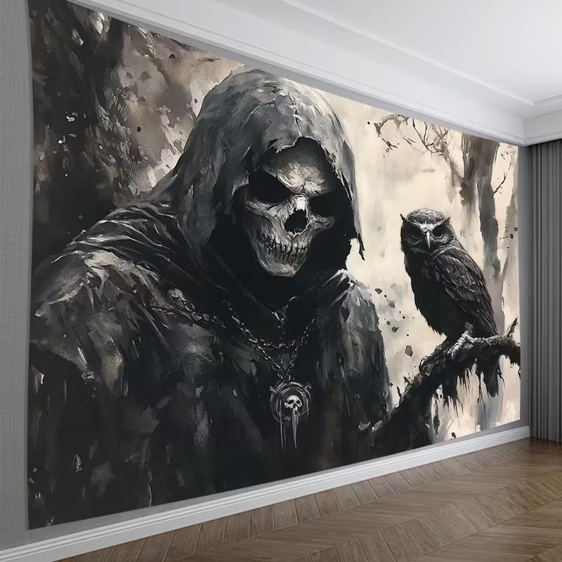 2D Dark Skeleton & Owl Backdrop, Spooky Halloween Photography Background 47.2x31.5inch/120*80cm