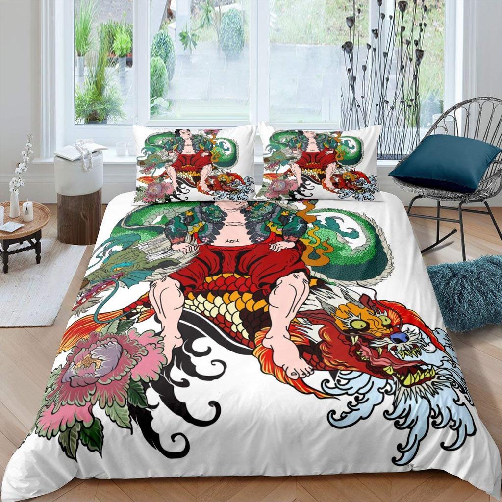 Japanese Style King Queen Duvet Cover Koi Fish Cherry Bedding Set Ukiyo-E Geisha Quilt Cover Sun Crane Polyester Comforter Cover