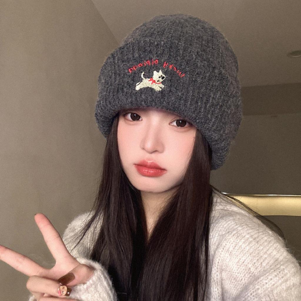 Cute puppy embroidered knitted hat female 2025 season wool hat showing small face big head circumference cold hat white