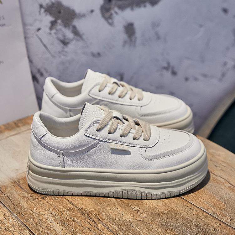 Leather Little White Shoes Women's Spring and Summer New Women's Thick-soled Versatile Muffin Round Head Thick-soled Soft-soled Casual Board Shoes