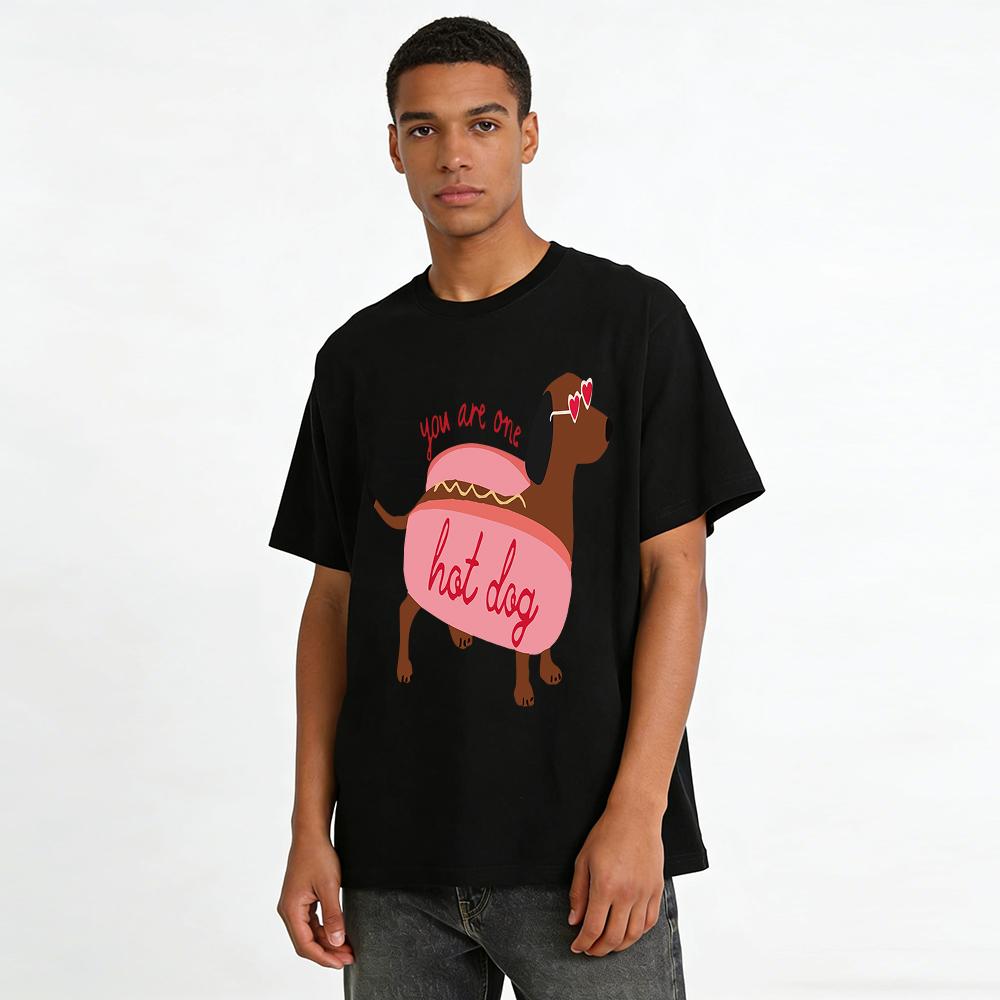 Cute Dachshund Hot Dog Print T-Shirt, Funny Heart Sunglasses Dog Pattern Casual Tee for Daily Wear Pure Cotton T-shirt