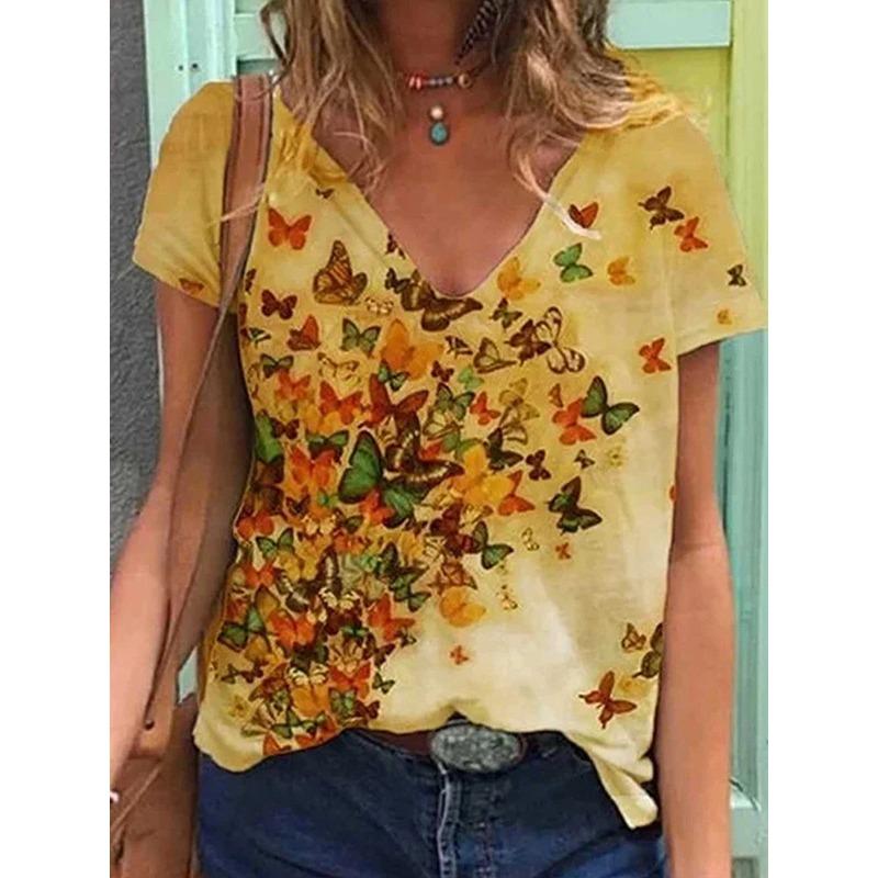 

Летний топ с V-образным вырезом и 3D-принтом с изображением масляной живописи, цветов, кошек, бабочек, модные повседневные женские футболки с короткими рукавами XS