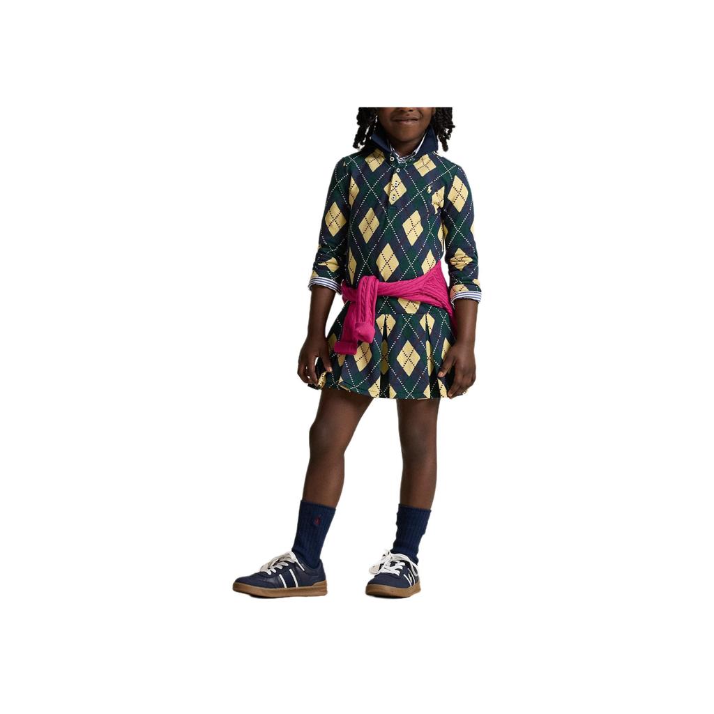 Polo Ralph Lauren Kids Dress Set FW25 With Collar Long Sleeve Elastic Waist Diamond Pattern Pleated Skirt Kids Dress Set 313979019-001