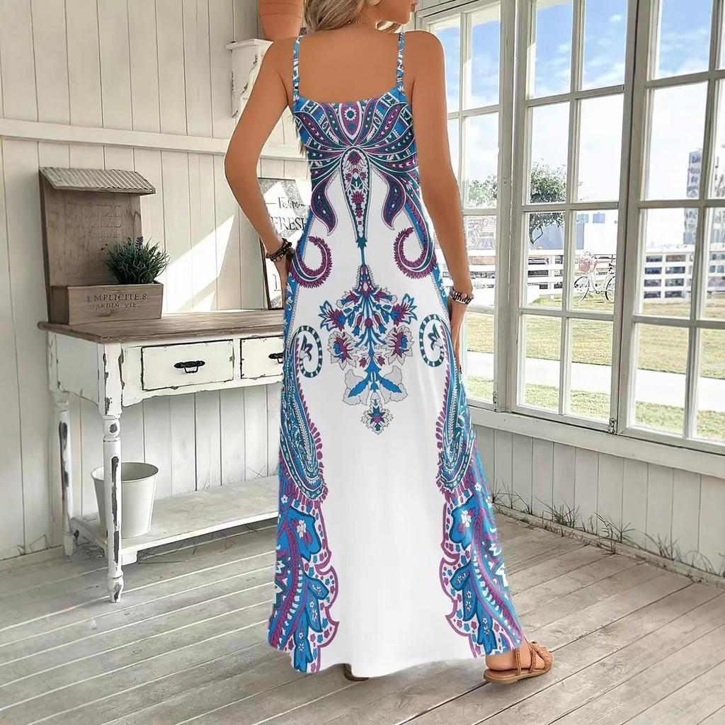 Women's Bohemian Paisley Print V Neck Spaghetti Strap Maxi Dress Casual A Line Long Sundress