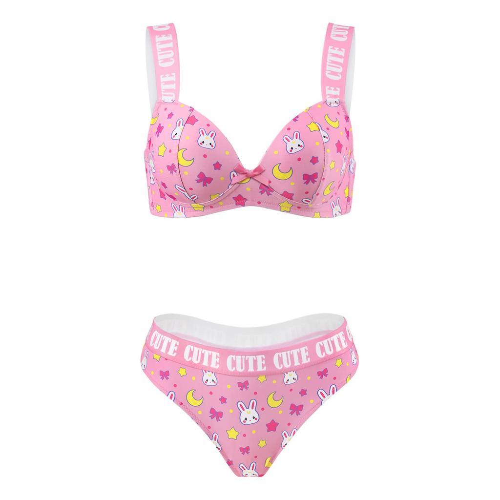 [LittleForBig] Women's 2-Piece Bralette Set (Rabbit Moon Print) Bra and Panty Set with Elastic Band, Size XS