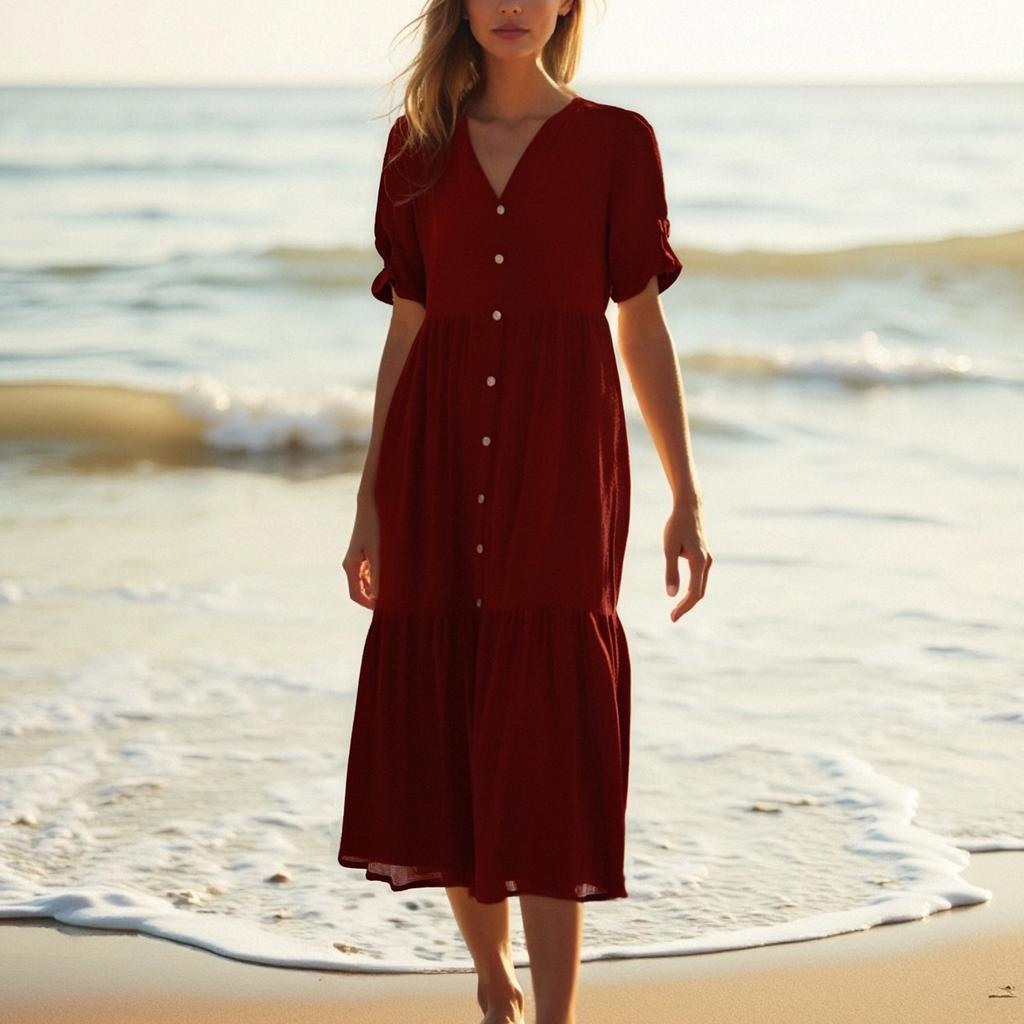 Dámské módní a ležérní jednobarevné bavlněné a lněné šaty