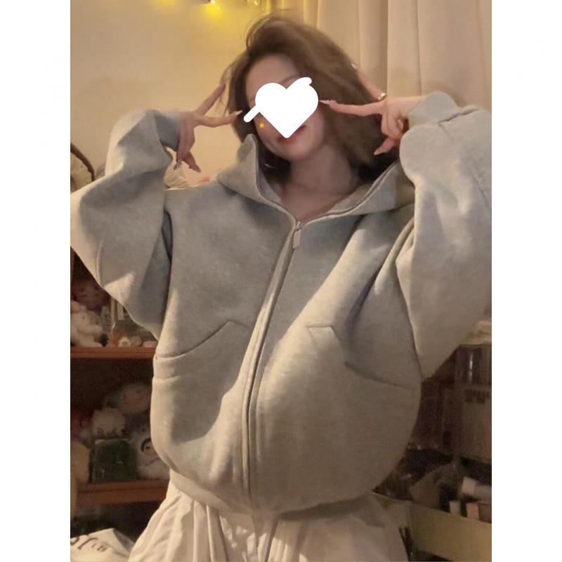 Graues Kapuzen-Sweatshirt mit Reißverschluss und hohem Kragen für Damen - Koreanischer Stil, lockere Passform für den frühen Herbst