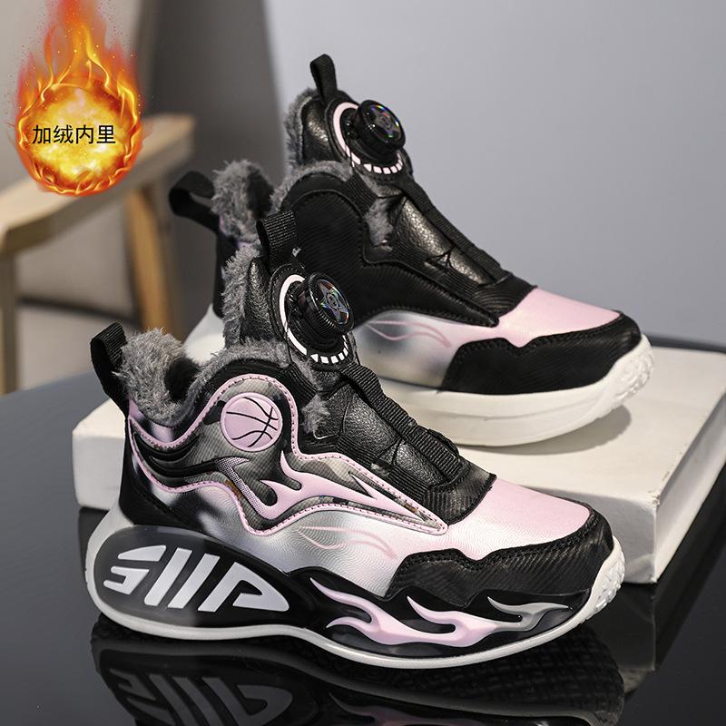 Factory winter children's cotton shoes trendy versatile sports shoes warm outdoor non-slip velvet leather basketball shoes