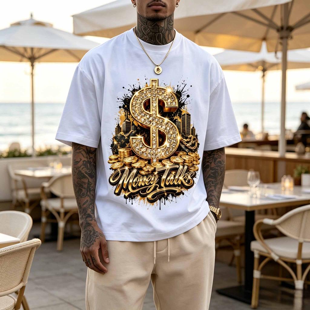 Men's Money Talk Dollar Sign Print T-Shirt, Shiny Golden Hip Hop Urban Pattern Streetwear Crew Neck Short Sleeve Top