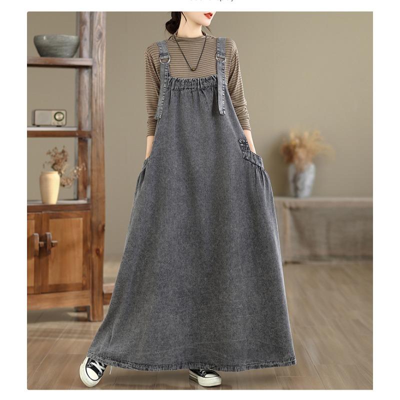 DIMANAF Women Plus Size Denim Dress Maxi Long Dress Sleeveless Vintage Loose Casual Basic Dresses Cottton