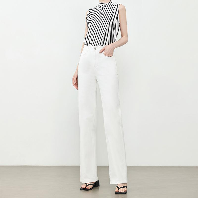 White straight jeans women's spring and summer new opaque pants high waist thin narrow wide leg pants trousers