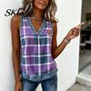 Soft Fabric Vest Summer for Women, V-Neck Sleeveless Tank Tops, Plaid Print Loose Fit Shoulder Strap Reinforced Casual Camisole with Collar Hem, Slim