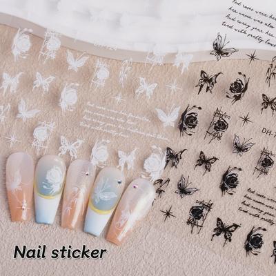 Ink Style Black & White Butterfly Nail Art Stickers - Semi-Transparent Rose, Star, and Bamboo Designs