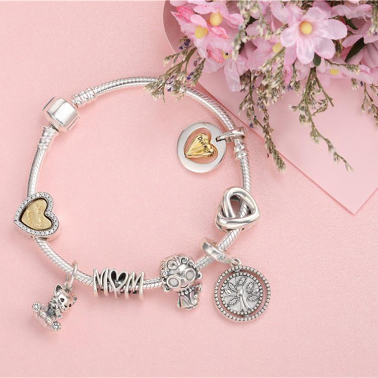 925 Silver Mamma Rosa Hjärta Berlock Hänge Original DIY Kvinnors Utsökta Armband Smyckestillbehör Morsdagspresenter