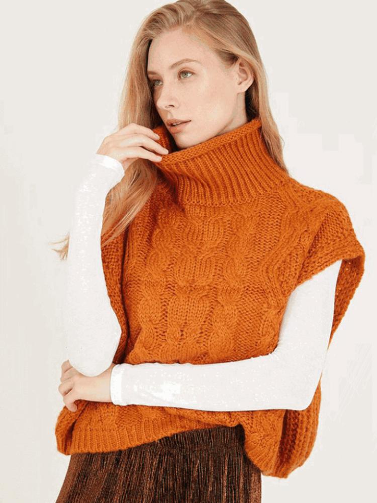 Moda Autunno Inverno Maglioni da Donna Lavorati a Maglia a Cavo Gilet Casual Senza Maniche Dolcevita Maglione Largo Corto Maglieria Calda