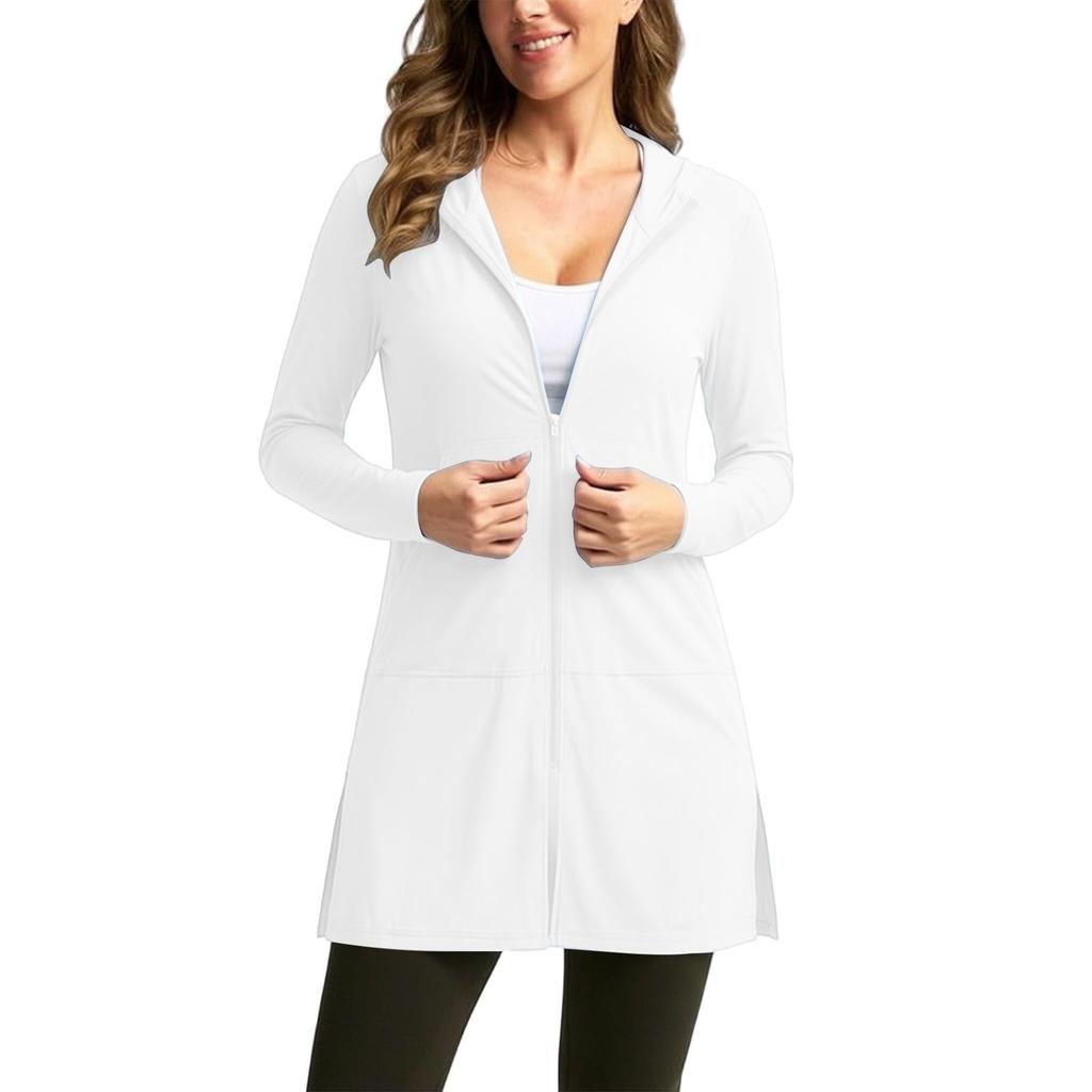 Women Hooded Loose Fit Sun Cardigan Long Sleeve Lightweight Casual Outerwear with Zipper Front Pockets for Daily Wear