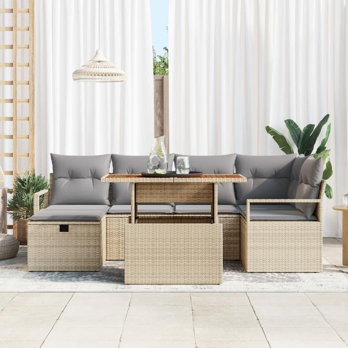 VidaXL Ensemble de canapé de jardin de 7 pièces avec coussins Beige Rattan Poly 3359997