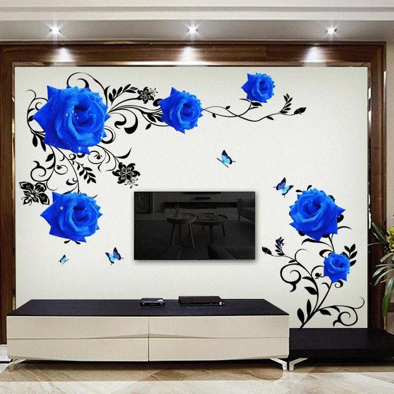 DIY Large Blue Rose Flowers Living Room Decoration Wall Stickers Sofa TV Entrance Background Wall Decals Removable Vinyl Posters
