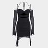 European and American sexy suspender long-sleeved dress, popular pleated hollow tight neck dress