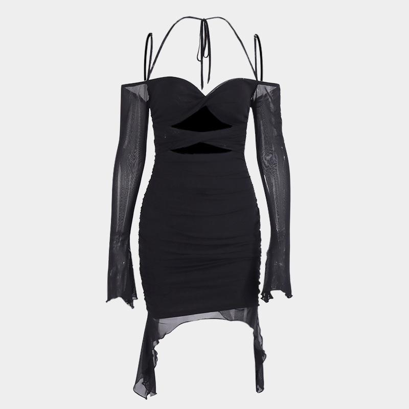 European and American sexy suspender long-sleeved dress, popular pleated hollow tight neck dress