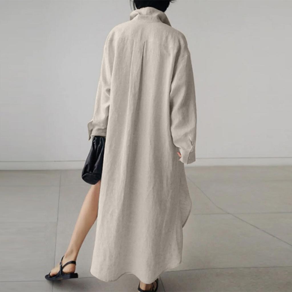 LYRIA Cotton Linen Oversize Women Dress Black Turn-Down Collar Loose Dresses Female Elegant Casual Trendy Ladies Clothes