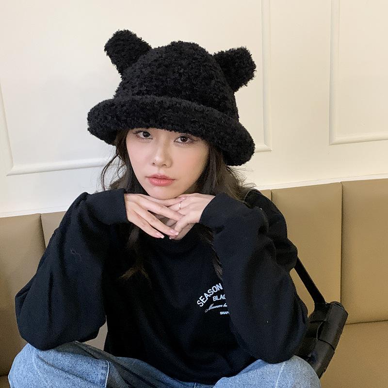 

Cute bear ears plush fisherman s hat children keep warm in winter versatile student funny basin hat shows small face Adult (55-58cm) бежевий