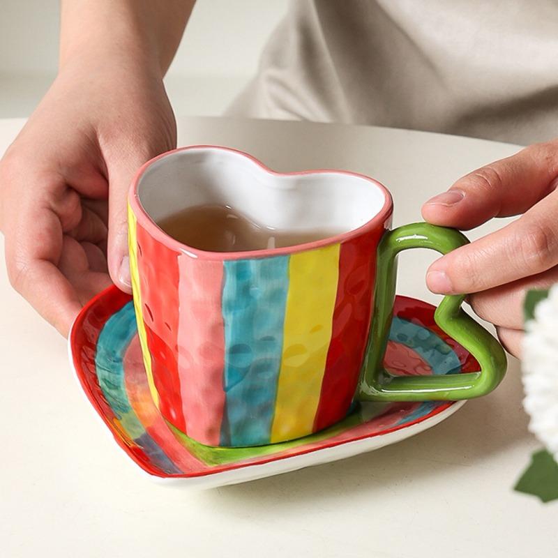 Hand-Painted Rainbow Striped Coffee Cup and Saucer Ceramic Heart-Shaped Mug for Afternoon Tea Flower Tea Home Breakfast Milk Mug