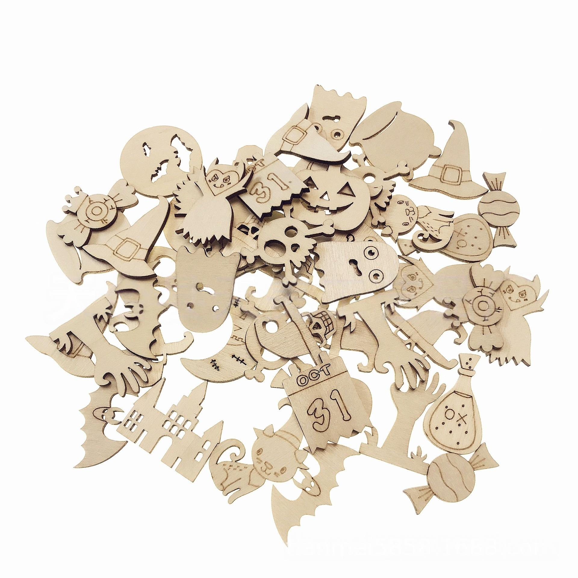 

50PCS Unfinished Wooden Halloween Cutouts, Wooden Crafts for DIY Halloween Party Decorations 30-35MM