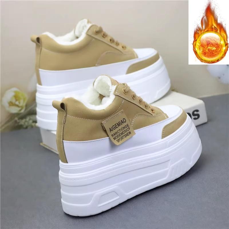Fashion 12CM Cow Genuine Leather Platform Wedge Causal Autumn Warm Fashion Thick Bottom Women Chunky Sneakers Winter Plush Shoes