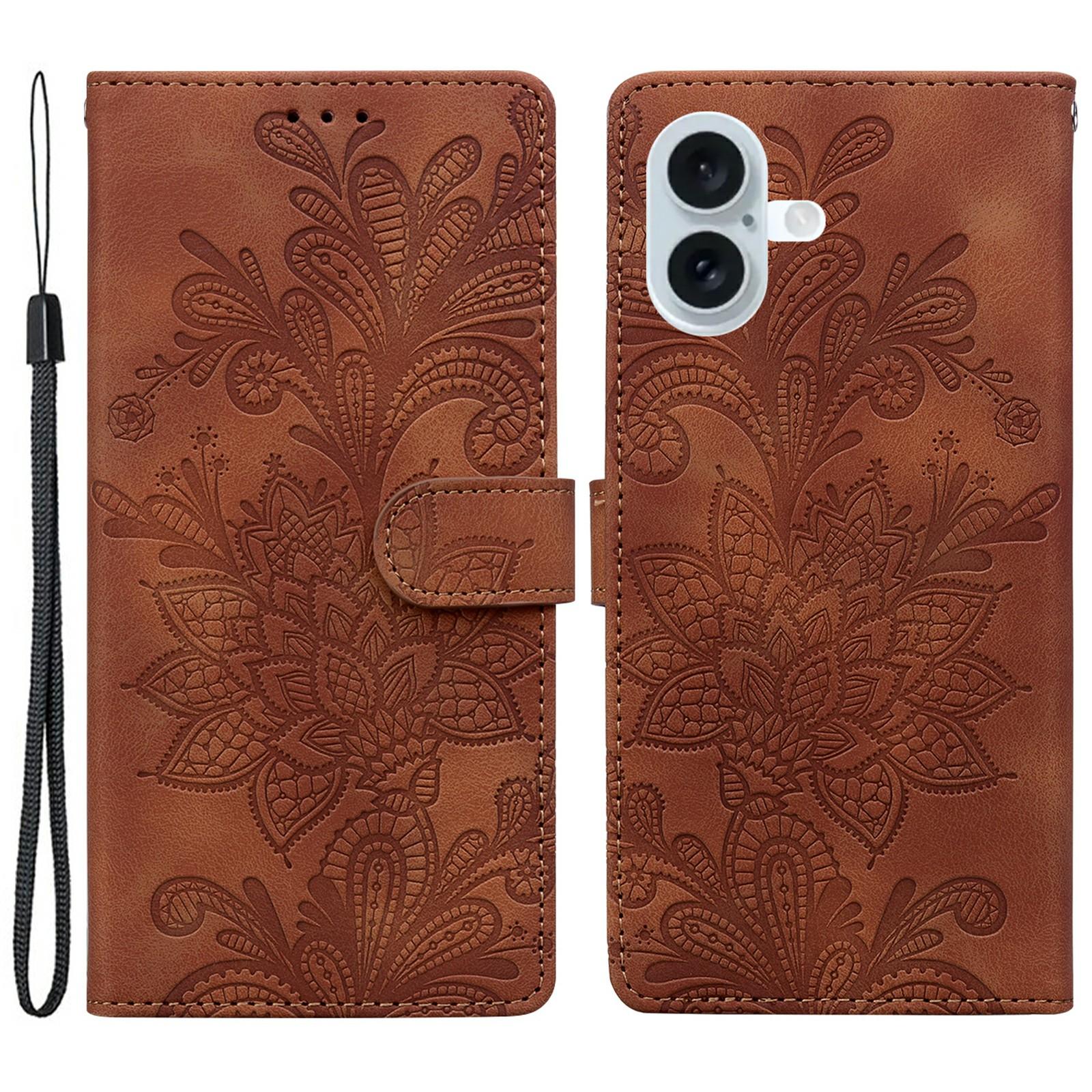 

For iPhone 16 Case Imprinted Lace Flowers PU Leather Wallet Phone Cover Brown