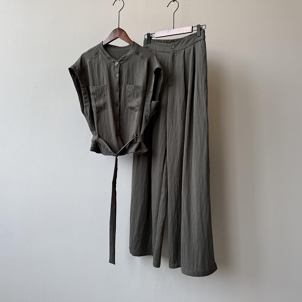 

Johnature Summer Casual Round Neck Sleeveless Shirt Set Women Korean Belt Casual Wide-leg Pants Loose Two-Piece Sets M армия зеленый