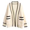 Striped Edge Knitted Cardigan Varsity Cardigan Long Sleeve V-Neck Open-Front Sweaters Knit Jacket for Women Preppy Style