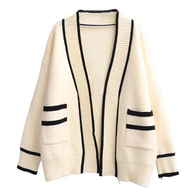 Striped Edge Knitted Cardigan Varsity Cardigan Long Sleeve V-Neck Open-Front Sweaters Knit Jacket for Women Preppy Style