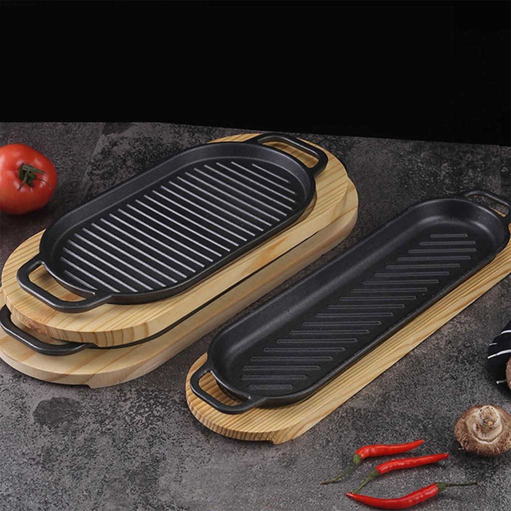 BBQ Grilling Pan with Wooden Base for Vegetables And Steak Frying