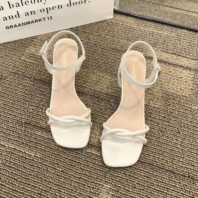2025 Summer New Thin Strap Square Head One-word Sandals Versatile High Heels Foreign Korean Version with Skirt Light Luxury Women's Shoes