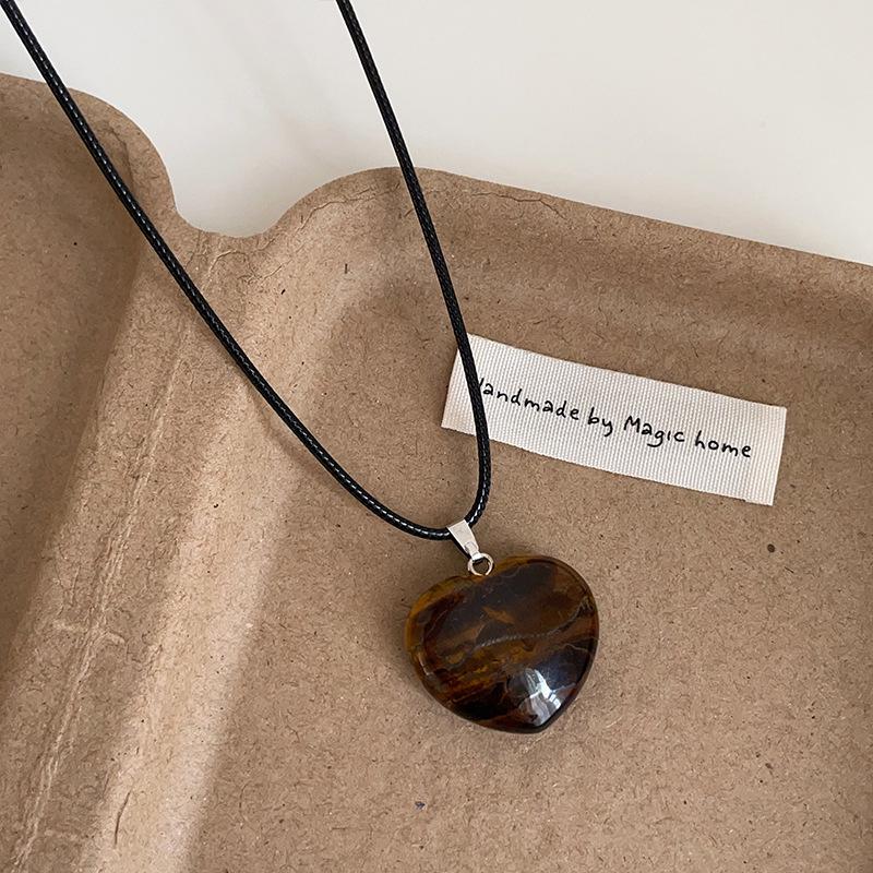 Natural Stone Heart Pendant Necklace - Black Cord, Women's Fashionable Choker for Commuting & Versatile Wear
