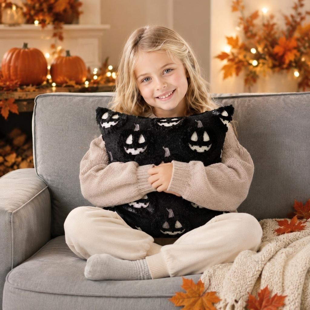 Halloween Pumpkin Decorative Cushion Cover Square Jacquard Fabric Pillowcase with Festive Pattern for Sofa Chair Bed