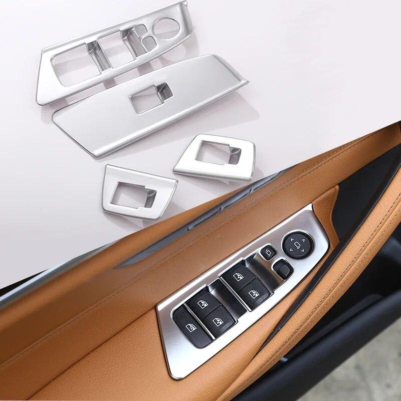 PASSEND FÜR BMW 5er G30 G38 2018-22 ABS Carbon LHD Auto-Fensterschalter Hebeknopf Rahmenabdeckung Verkleidung Chrom-Galvanisierung 4 STÜCK