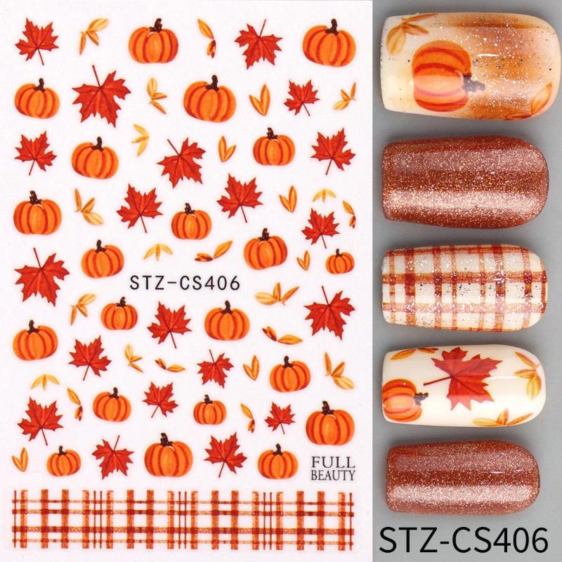 1 Blatt Herbstblatt Karomuster Linie Klebe-Slider Niedliche Kürbis-Nagelsticker Abziehbilder Herbst Erntedankfest Nageldesign Zubehör