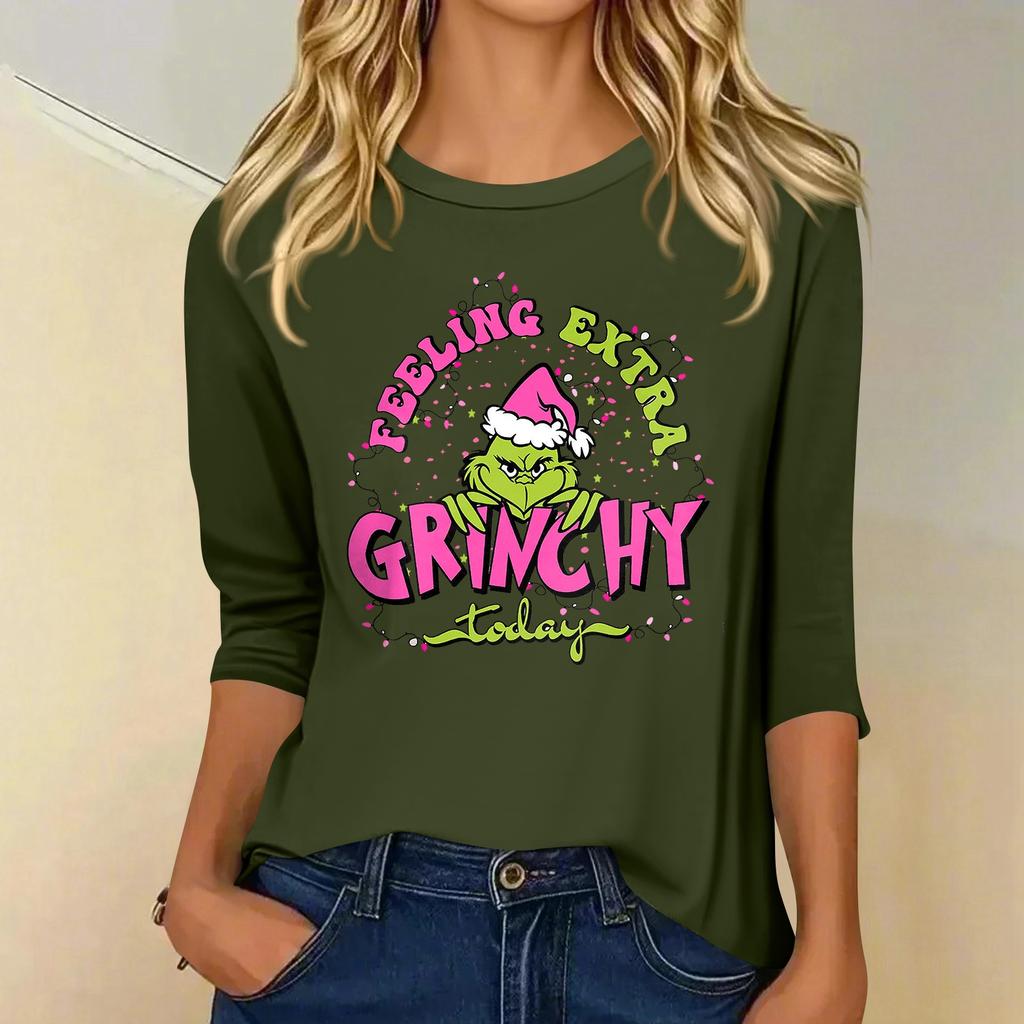 3/4 Sleeve Tops For Women T-Shirt Casual Christmas Print Tops T Shirt Round Neck Pullover Blouse