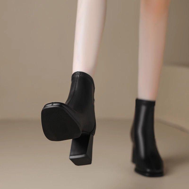 

Heeled Square Toe Fleece Lined Female Short Autumn Winter Leather Women Ankle High top Designer Luxury Booties 37
