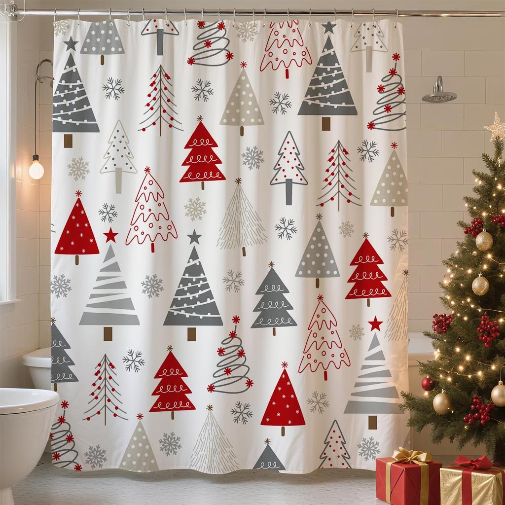 Christmas Shower Curtain Winter Snowman Xmas Pine Tree Shower Curtains For Bathroom Decor Waterproof And Mildew Resistant