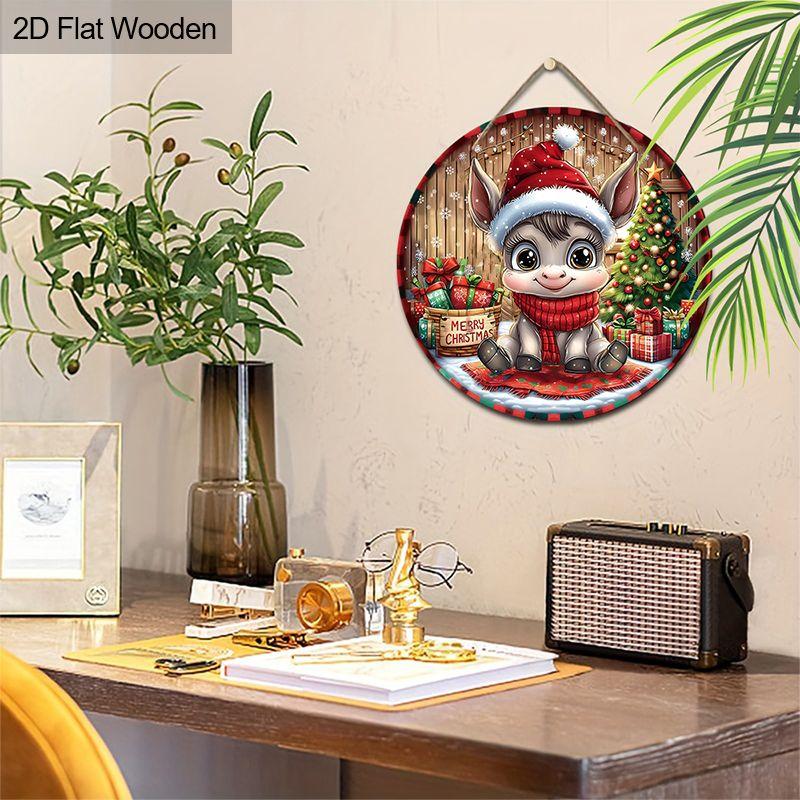Christmas Cute Donkey Merry Christmas Round Wooden Hanging Sign, 2D Flat Printed Wall Door Ornament, Xmas Home Porch Holiday Decor Gift