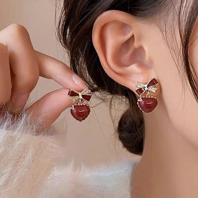 Bowknot Crystal Red Color Heart Pendant Earring for Women Sweet Gift Simple Geometry Temperament Creative Jewelry Accessory
