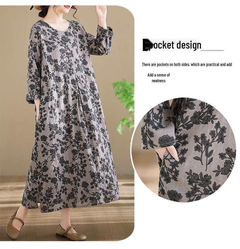 In-Stock Printed Cotton Plus Size Long-Sleeve Women's Dress with Round Neckline