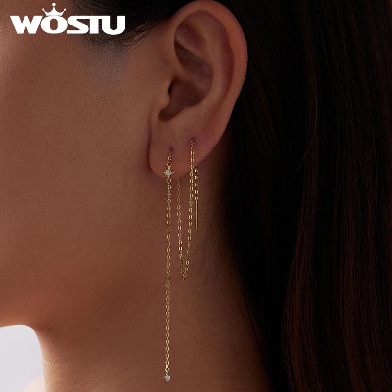 WOSTU Moissanite Star Long Dangle Earrings Chain for Women 925 Silver Teens Line Dangle Earring Tassel Threader Chain Pendiant