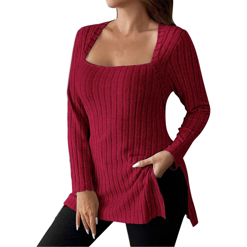 Women's Plus Size Casual And Fashionable Square Neck Long Sleeved Slit Top Slit Top