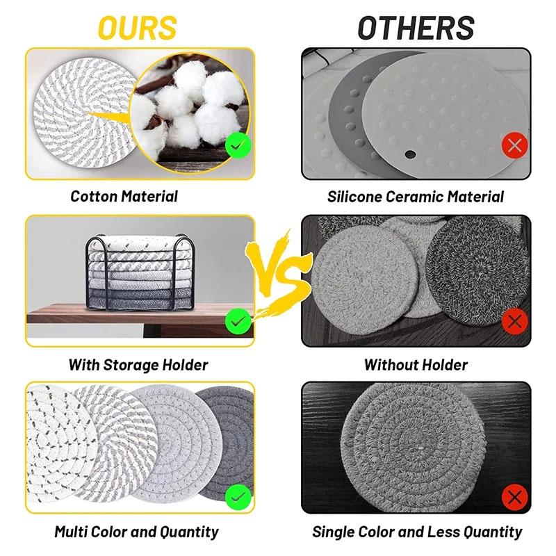 8Pcs Cup Coasters For Drinks Absorbent Woven Coaster Set With Holder Farmhouse Cloth Fabric Cup Coasters For Coffee Tea